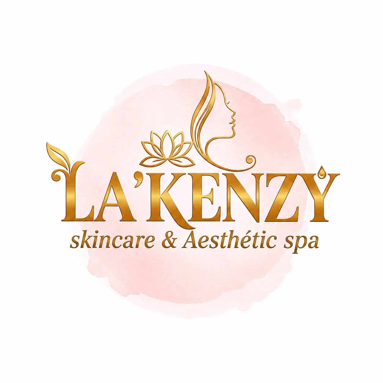 La'kenzy Skincare & Aesthetic Spa in Mowe, Ogun state Luxury logo featuring a gold feminine silhouette and lotus flower, representing professional skincare, facials and aesthetic treatments.